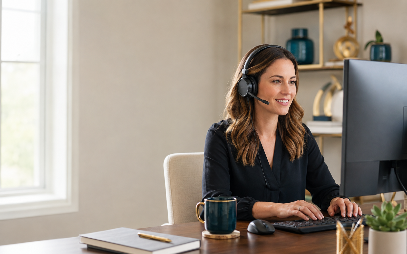Remote customer service professional working from a bright home office